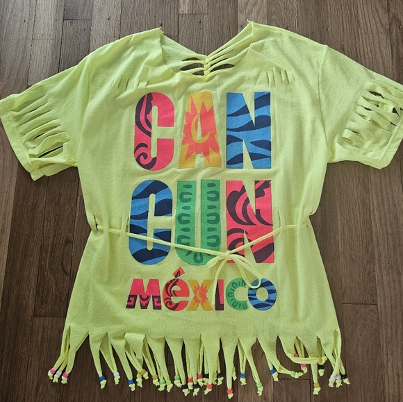 Cancun Mexico Vibrant Cut Weaved Beaded Neon Short Sleeve TShirt Women's Medium - Picture 4 of 7